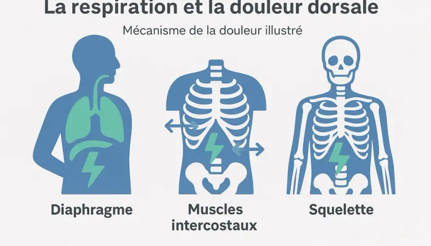 Illustration du diaphragme, des muscles intercostaux et du squelette, montrant le lien entre la respiration et la douleur dorsale. La respiration consciente bienfaits.
