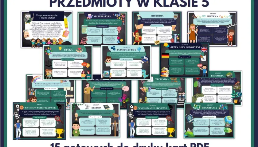 Grafika przedstawia zestaw kart edukacyjnych z przedmiotami dla 5 klasy szkoły podstawowej.