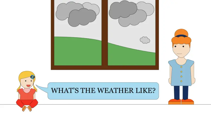 Bambina chiede "What's the weather like?" guardando fuori dalla finestra nuvolosa.