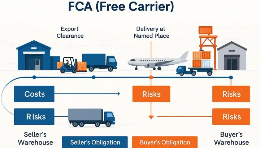 Schema zu FCA (Free Carrier): Exportabfertigung, Kosten & Risiken vom Verkäufer zum Käufer, Lieferung an benanntem Ort.