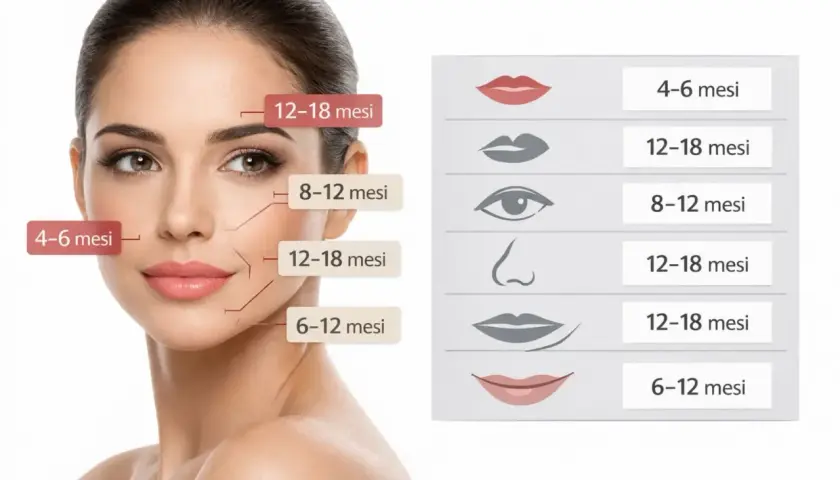 Volto di donna con indicazioni temporali per trattamenti estetici volti a togliere le rughe.