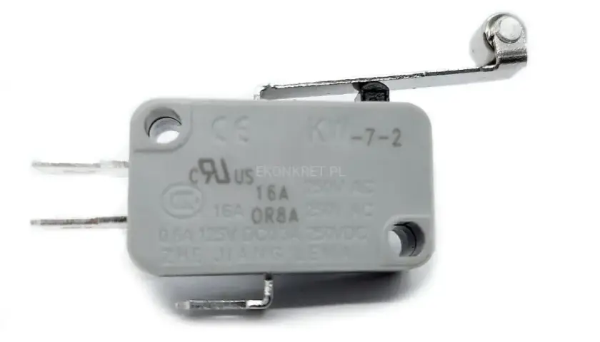 Szary wyłącznik krańcówka z metalowym ramieniem i rolką. Model KW-7-2, 16A 250V AC.