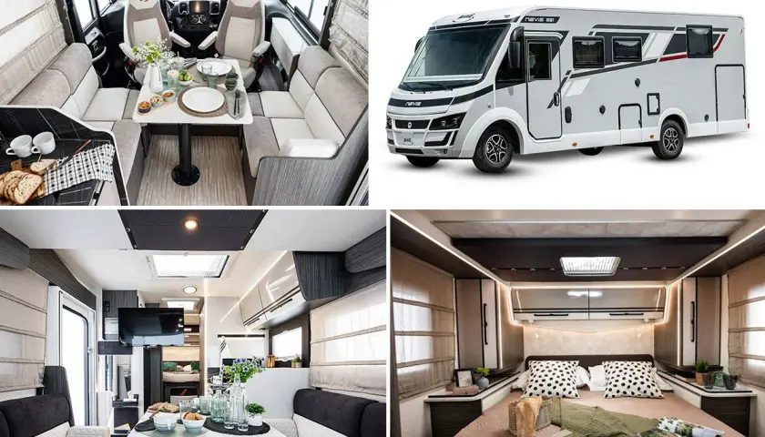 Intérieur d'un camping-car moderne : salon face à face, cuisine, chambre douillette. Un espace de vie confortable pour vos voyages.