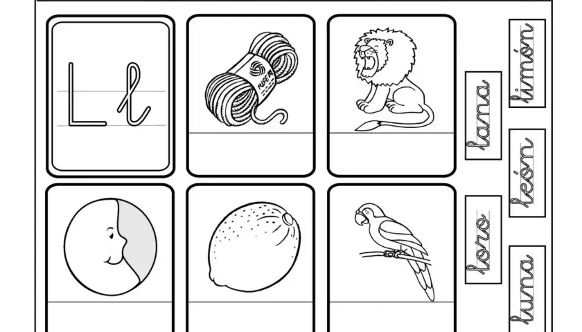 Ficha para practicar la letra L. Muestra la letra L, lana, león, loro, luna, limón y una cara.