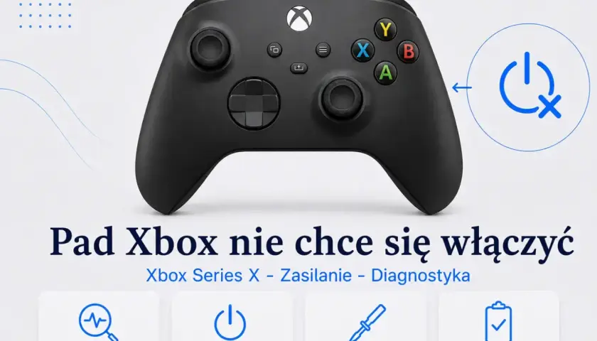 Czarny pad Xbox Series X nie chce się włączyć. Ikony sugerują diagnostykę, zasilanie, naprawę i test działania.