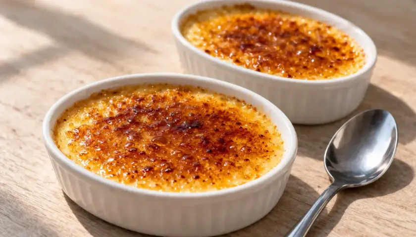 Deux ramequins de crème brûlée, leur croûte caramélisée dorée et craquante, prêts à être dégustés. La cuisson est parfaite.