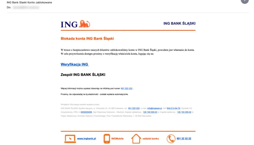 Blokada konta ING Bank Śląski. W trosce o bezpieczeństwo wymagana jest autoryzacja poprzez weryfikację właściciela konta.