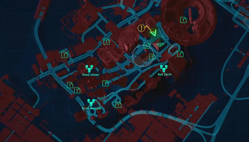 Mapa z gry Cyberpunk 2077 z zaznaczonymi celami misji i trofeami. Widoczne ikony wskazują lokalizacje przeciwników i zadań.