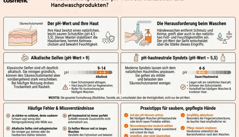 Die Grafik erklärt die Rolle des pH-Werts bei Handseifen. Sie zeigt, wie alkalische Seifen den Säureschutzmantel der Haut belasten können, während pH-hautneutrale Produkte schonender sind.