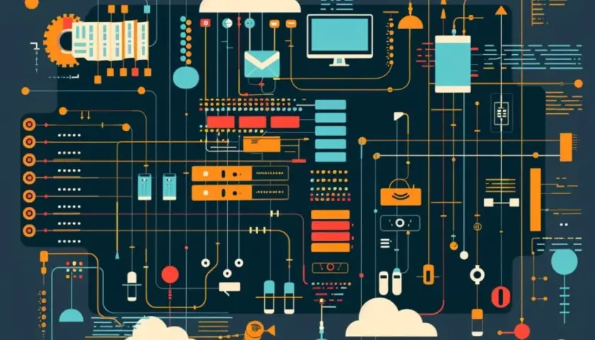 Schéma complexe de systèmes connectés, rappelant un code YAML exemple. Nuages, écrans, engrenages et flux de données.