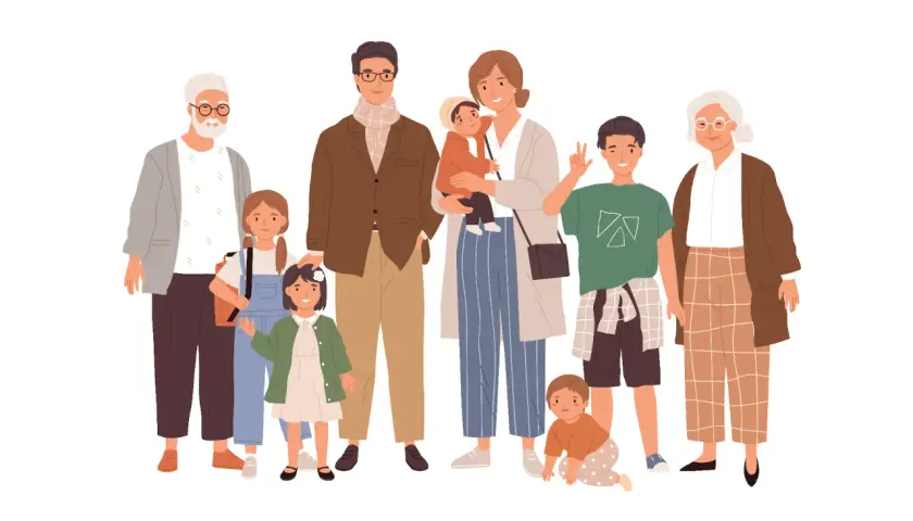 Ilustracja przedstawia wielopokoleniową rodzinę: dziadków, rodziców, dzieci i niemowlę.
