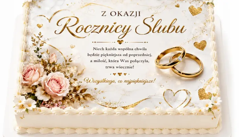 Elegancki tort na 1 rocznicę ślubu z różami, złotymi sercami i obrączkami. Życzenia "Wszystkiego, co najpiękniejsze!".