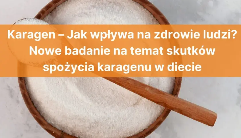 Biały proszek w drewnianej misce, z łyżką. Tekst: "Karagen – Jak wpływa na zdrowie ludzi? Nowe badanie na temat skutków spożycia karagenu w diecie".