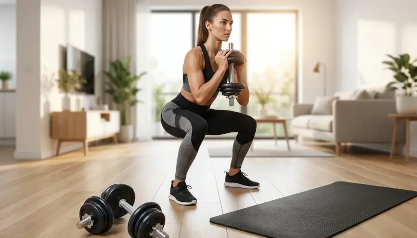 Kobieta wykonuje przysiad z hantlem, realizując swój plan treningowy push pull legs. Obok leżą hantle i mata.