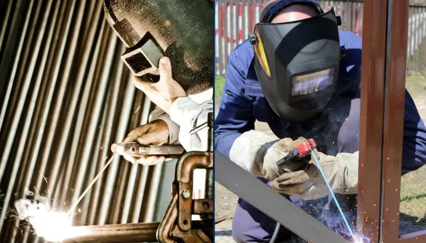 Spawanie nierdzewki elektrodą. Dwa ujęcia spawaczy w maskach ochronnych, tworzących mocne połączenia metalu.