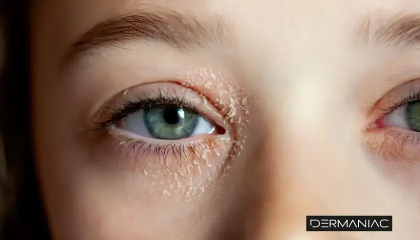Ojo con eczema cara, piel seca y escamosa alrededor del párpado.