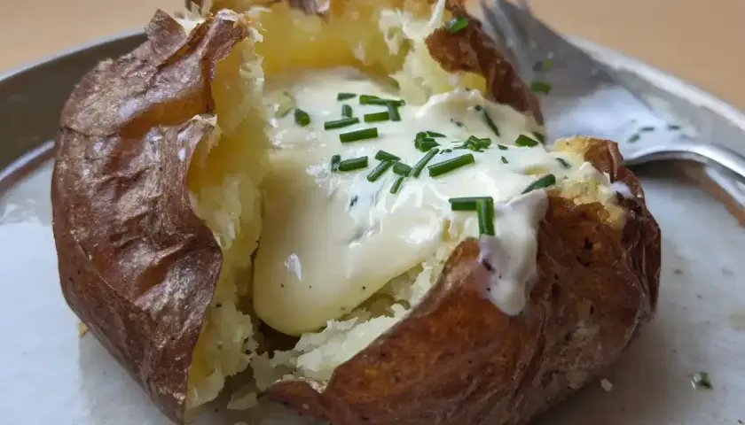 En perfekt bakad potatis med krämig fyllning och färsk gräslök. En klassiker som alltid smakar bra.