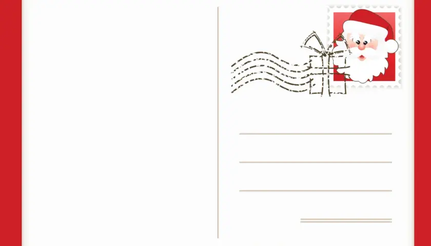 Postal blanca con borde rojo, lista para tu carta para colorear de Papá Noel. Sello con su cara y matasellos de regalo.