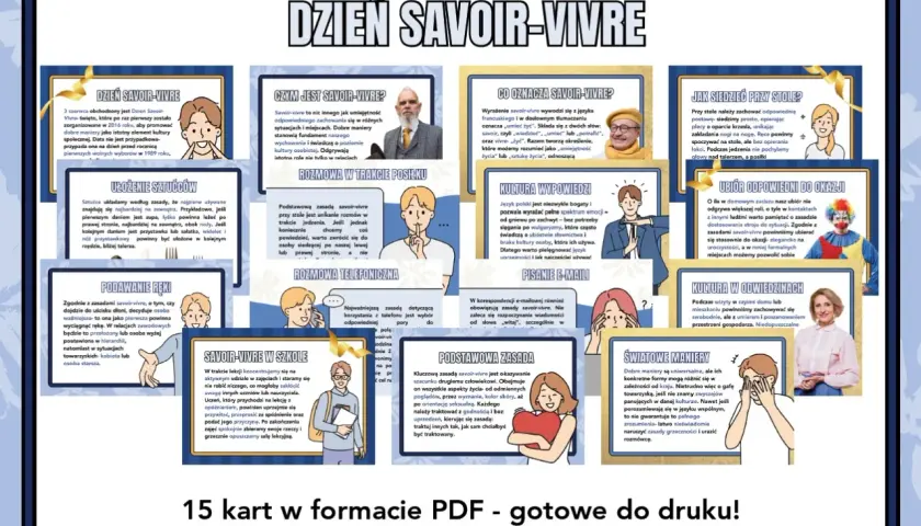 Zasady savoir vivre jak czytać. Grafika przedstawia 15 kart z poradami dotyczącymi dobrych manier, od zachowania przy stole po pisanie e-maili.