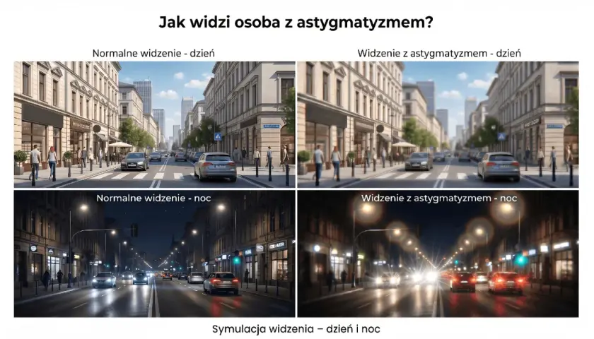 Symulacja widzenia ulicy w dzień i w nocy: normalne vs. astygmatyzm.