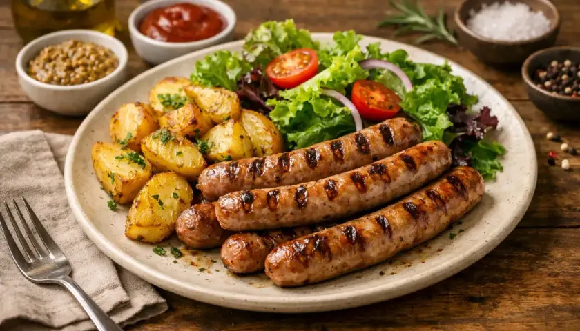 Assiette de chipolatas d'origine française grillées, accompagnées de pommes de terre rôties et d'une salade fraîche.