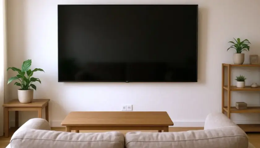 Minimalistyczny salon z dużym telewizorem zamontowanym na ścianie. Na jakiej wysokości telewizor? Idealnie, aby środek ekranu znajdował się na wysokości oczu siedzącej osoby.