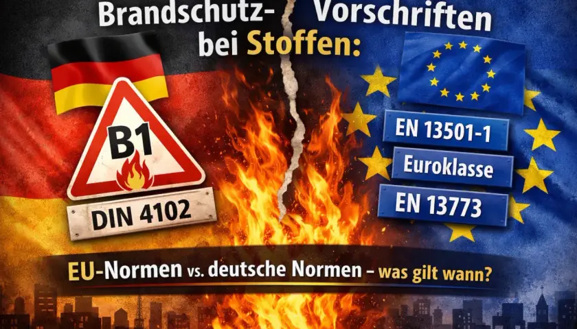 Brandschutz bei Stoffen: Deutsche Norm DIN 4102 (B1) vs. EU-Normen wie EN 13501-1.