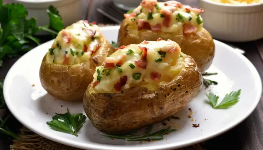 Patate ripiene al forno, dorate e croccanti, con un ripieno cremoso di formaggio, pancetta e erbe aromatiche.
