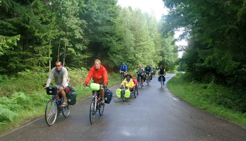 Grupa rowerzystów na malowniczej trasie w Sierakowicach, jadących przez las.