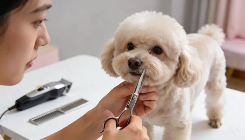 Un caniche pelo corto recibe un corte de pelo. Una persona usa tijeras para arreglar su cara.
