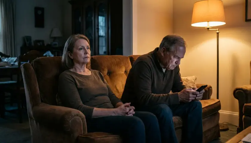 Coppia anziana seduta sul divano, lei pensierosa, lui al telefono. Si percepisce la sensazione di non sentirsi capiti dal partner.