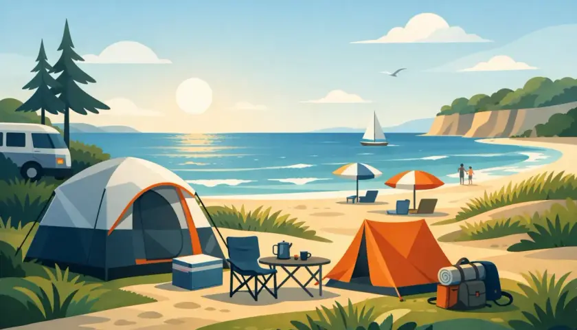 Idealny camping nad morzem Polska: namioty, kamper, plaża, słońce i żaglówka na horyzoncie.