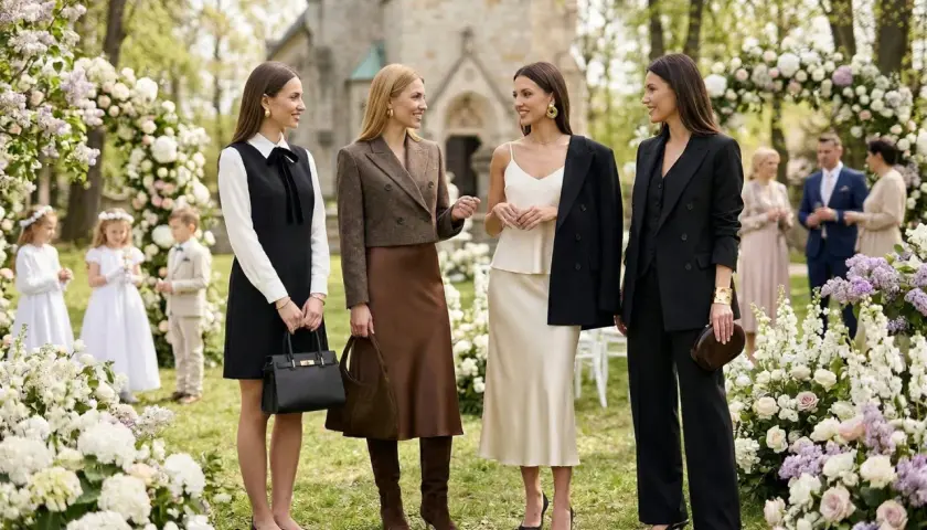 Eleganckie kobiety w czerni i beżu rozmawiają przy kościele. Czy na komunie można ubrac sie na czarno? Tak, jeśli jest to stylizacja z klasą.