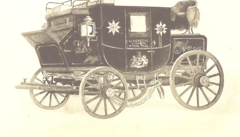 Ilustracja dyliżansu pocztowego z napisem "Royal Mail Coach".