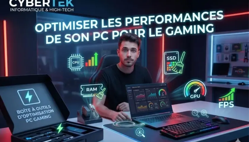 Un homme optimise son PC gaming pour de meilleures performances. L'image montre des icônes de CPU, RAM, SSD, GPU et FPS.