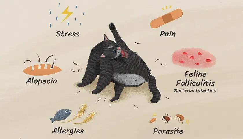 Illustration showing a cat grooming itself, surrounded by icons representing stress, pain, alopecia, allergies, feline folliculitis, and parasites, all potential reasons why is my cat losing hair.
