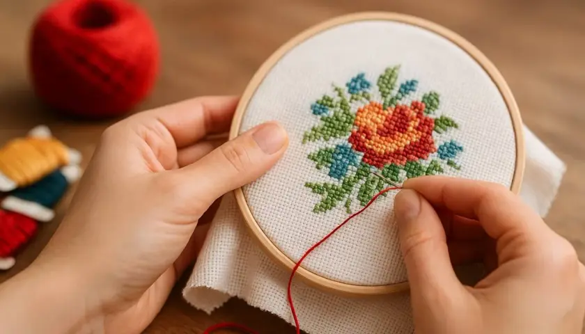 Mains tenant un tambour à broder, créant une **broderie sur textile** florale. Fil rouge et pelotes de laine à proximité.