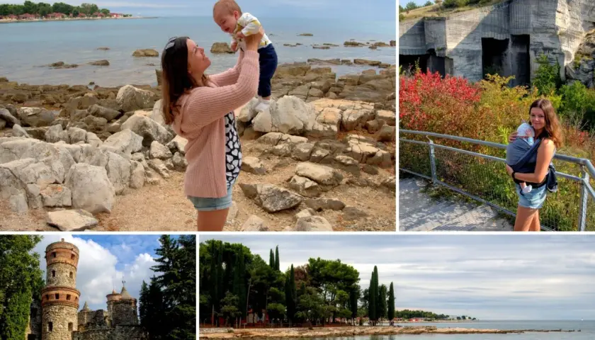 Chorwacja z niemowlakiem: mama z dzieckiem na plaży, przy skalnych klifach i nad morzem.