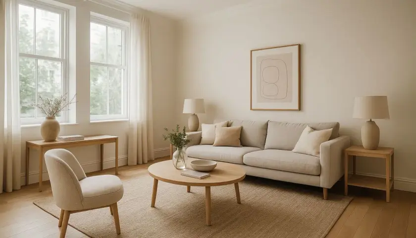 Salon lumineux et aéré, parfait pour un home staging maison. Canapé beige, table basse ronde en bois, fauteuil cosy et tableaux abstraits.