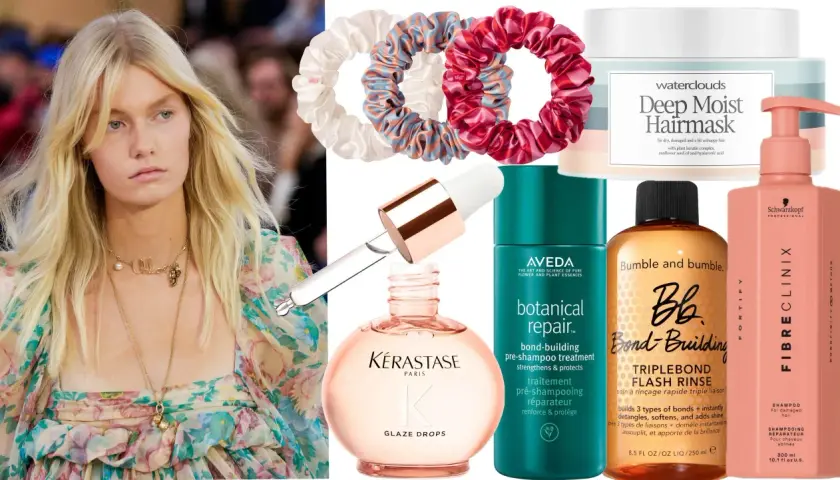 Modell med blont hår och hårvårdsprodukter som Kérastase Glaze Drops, Aveda Botanical Repair och Bumble and bumble. Bond-Building. Perfekt för torr topp.