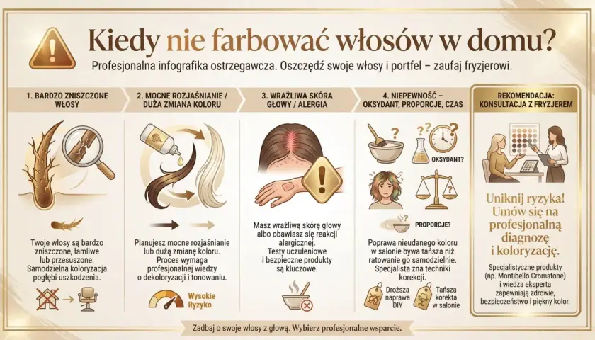 Infografika pokazuje, kiedy unikać samodzielnego farbowania włosów. Zniszczone włosy, mocne rozjaśnianie, wrażliwa skóra głowy i niepewność co do oksydantu to sygnały, by wybrać bezpieczne farby do włosów w salonie.