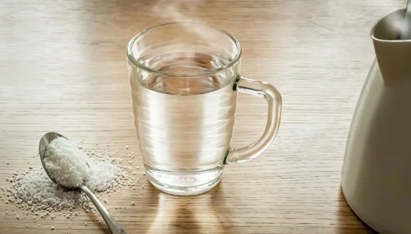 Łyżka soli i szklanka ciepłej wody, gotowe do płukania gardła solą.
