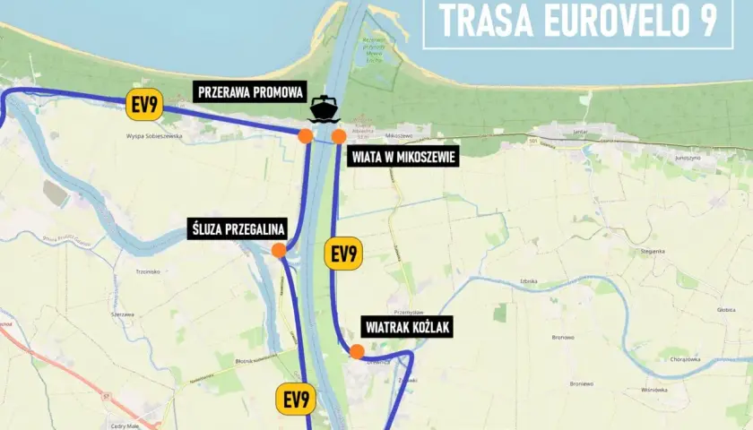 Mapa szlaku rowerowego EuroVelo 9 z zaznaczonymi śluzami, promem i wiatrakiem.