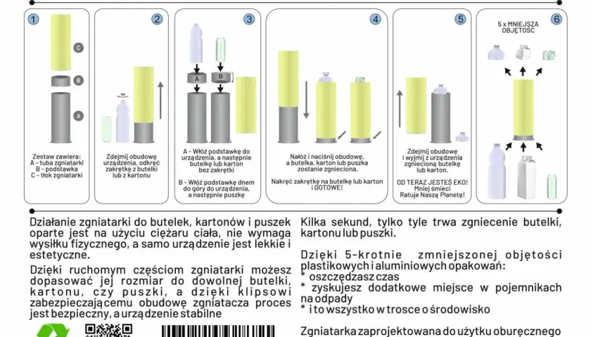 Instrukcja obsługi zgniatarki do puszek, butelek i kartonów. Zgniatarka ułatwia recykling, zmniejszając objętość opakowań.