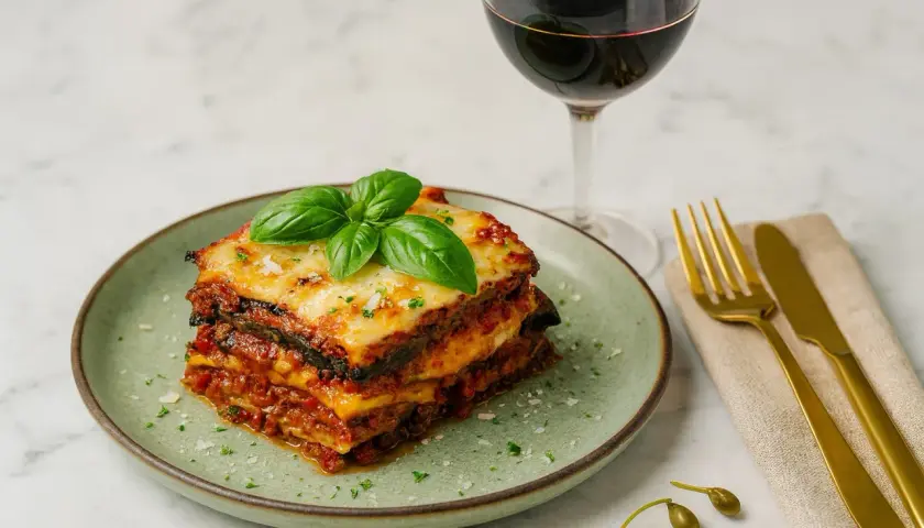 Ein Stück original Melanzane alla Parmigiana, garniert mit Basilikum, neben einem Glas Rotwein und goldenem Besteck.
