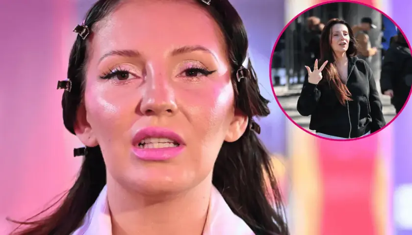 Dominika Serowska, wiek nieznany, w klipsach na włosach i z mocnym makijażem. W okręgu widać ją w czarnej bluzie, gestykulującą.