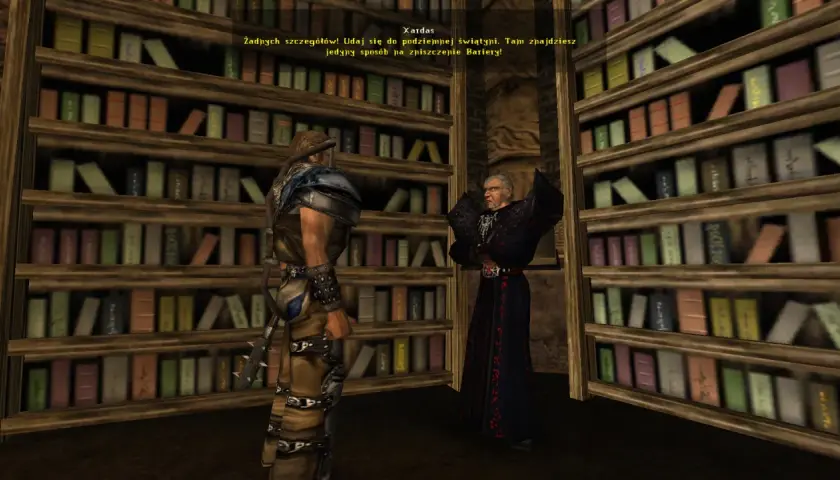 W mrocznej bibliotece, Xardas wskazuje drogę do podziemnej świątyni, gdzie czeka klucz do zniszczenia Bariery.