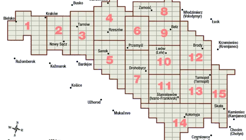Mapa historyczna Galicji z zaznaczonymi regionami i miastami, m.in. Lwów, Tarnopol, Stanisławów.