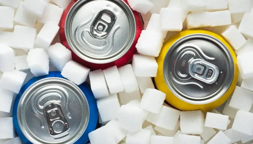 Trzy puszki napojów otoczone kostkami cukru. Czy Mirinda jest zdrowa? Obraz sugeruje, że niekoniecznie.