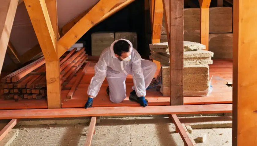 Un ouvrier en combinaison blanche installe des planches de bois pour refaire un plancher sur poutre, entouré de matériaux d'isolation.